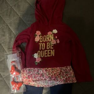 Girls size 2T Garanimals hooded shirt and blue pants and red butterfly barrettes